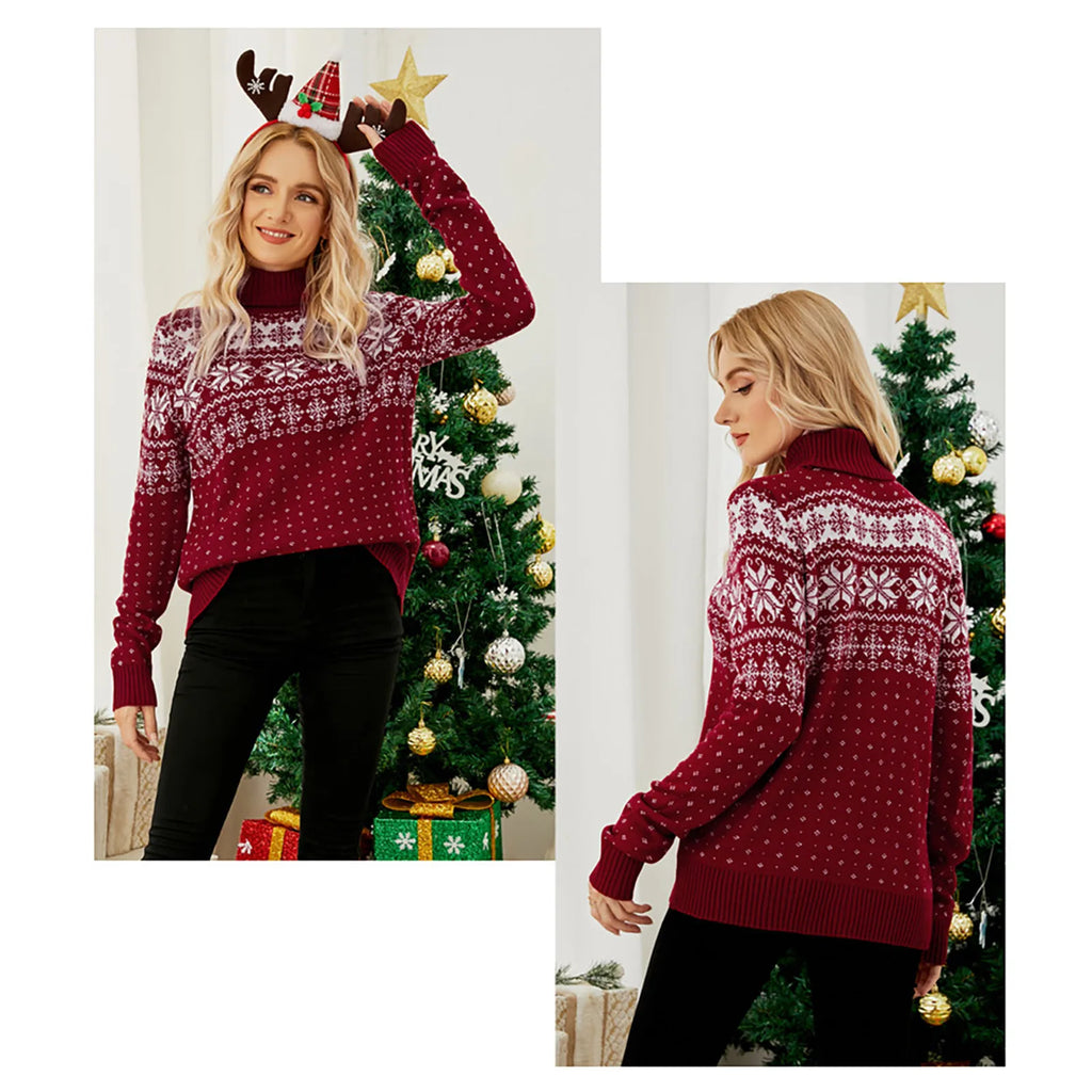 Valenzora - Hässlicher Weihnachtspullover - Vintage Rollkragenpullover mit Schneeflockenmuster