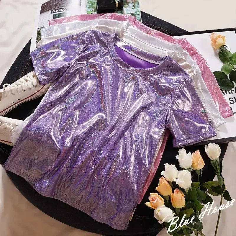 Valenzora | S 5XL Women's Sparkling Shiny Metallic Holographic Round Neck Short Sleeve Casual Loose Top Festival Party T-Shirt Women's Clothing
