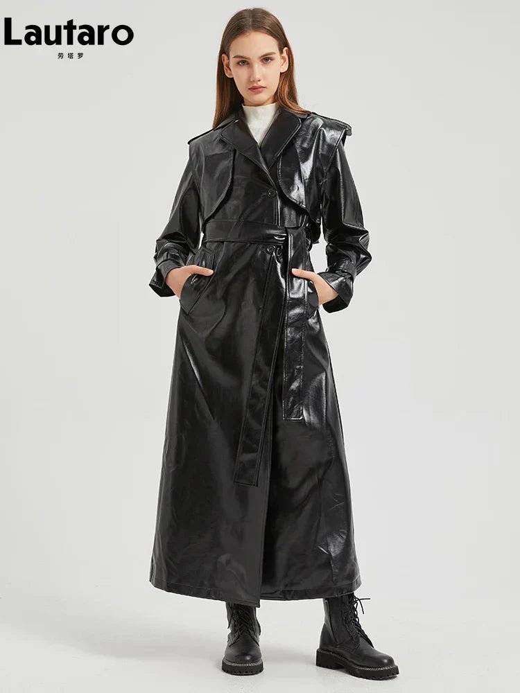 Valenzora | Lautaro Herbst Extra Langer Gold Glänzender Lack-PU-Leder Trenchcoat für Damen Einfache Schnalle Luxus Designer Übermantel
