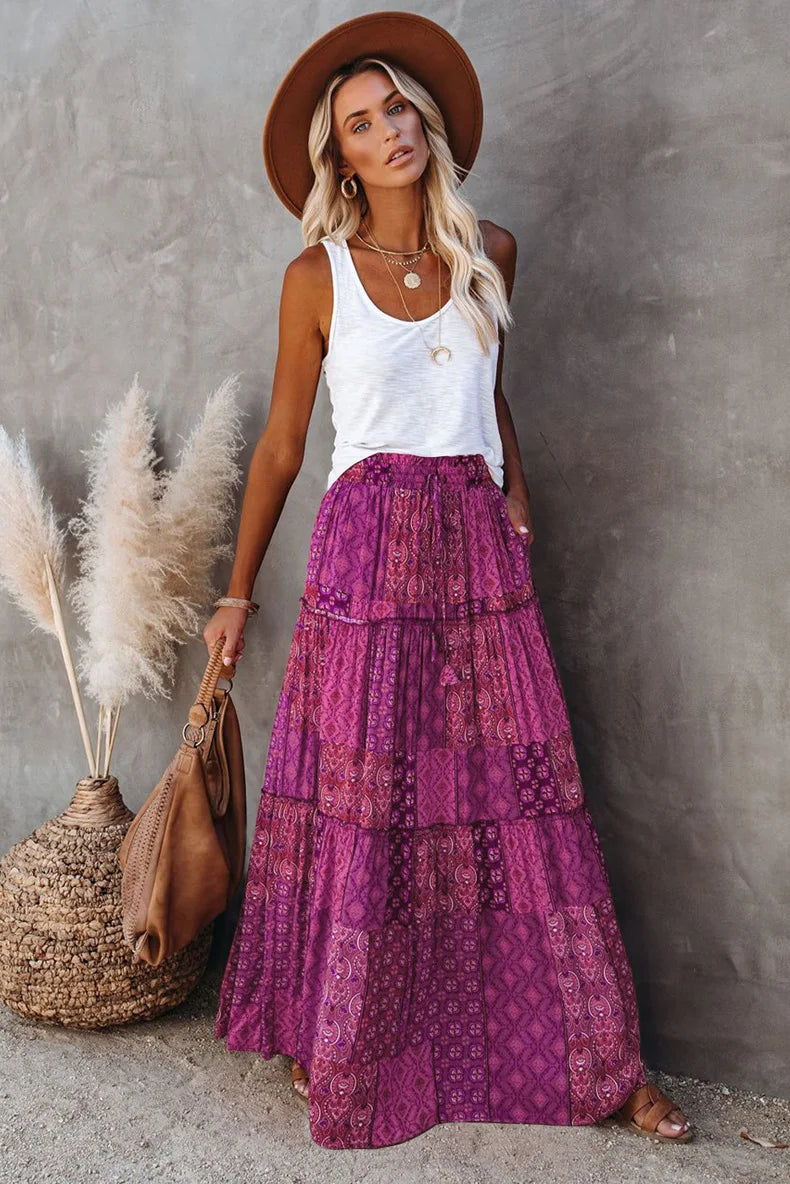 Valenzora | High-waisted long printed A-line skirt floral skirt
