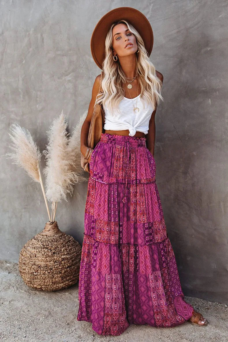 Valenzora | High-waisted long printed A-line skirt floral skirt