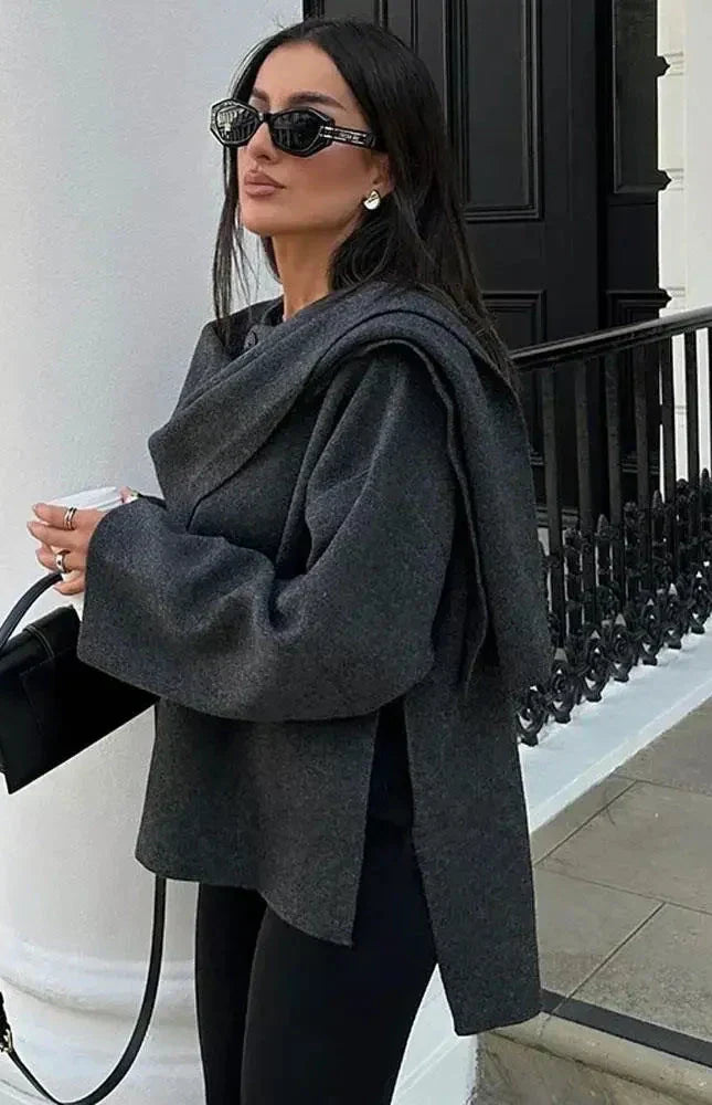 Knitted cape coat with scarf