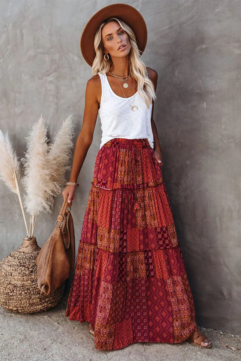 Valenzora | High-waisted long printed A-line skirt floral skirt