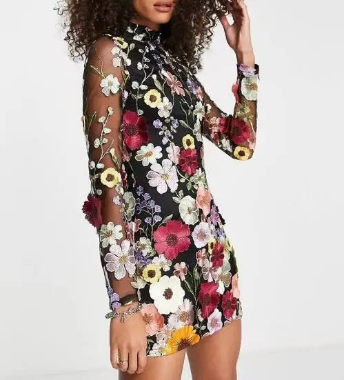 Valenzora | 3D embroidered mesh dress with flowers for women
