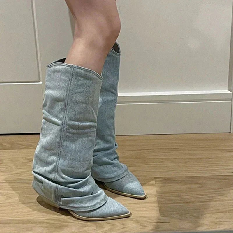 Denim knee-high boots