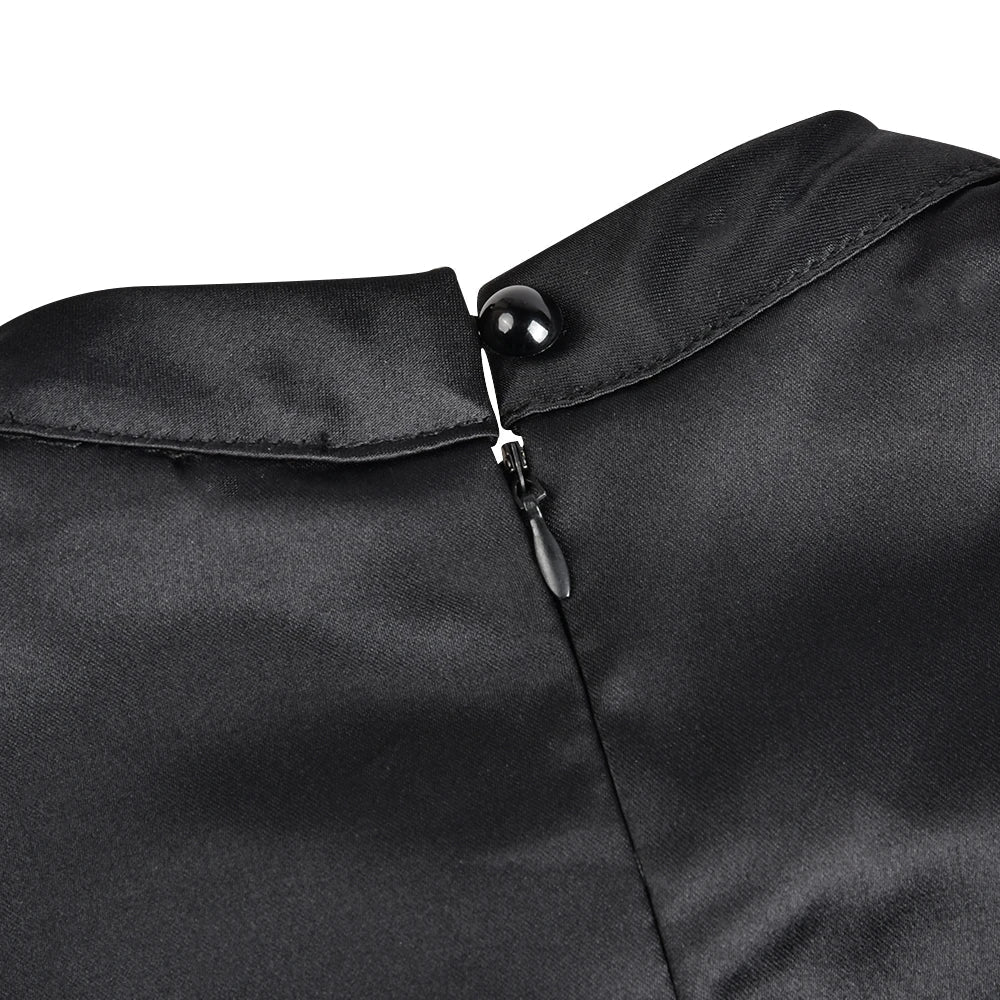 Valenzora | Elegantes schwarzes Damenkleid, halbhoher Kragen, hohe Taille, A-Linien-Kleider, figurbetontes Kleid, Business-Kleid, einfarbige Damen-Vestidos