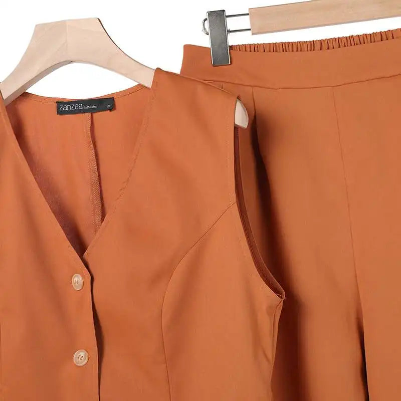 Valenzora Modern Set | Elegant sleeveless V-neck top and wide-leg trousers women's suit