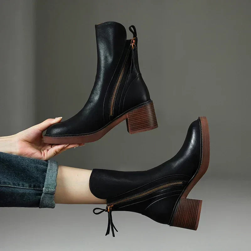 Valenzora | Women's Leather Ankle Boots – Stylish Boots with Block Heels