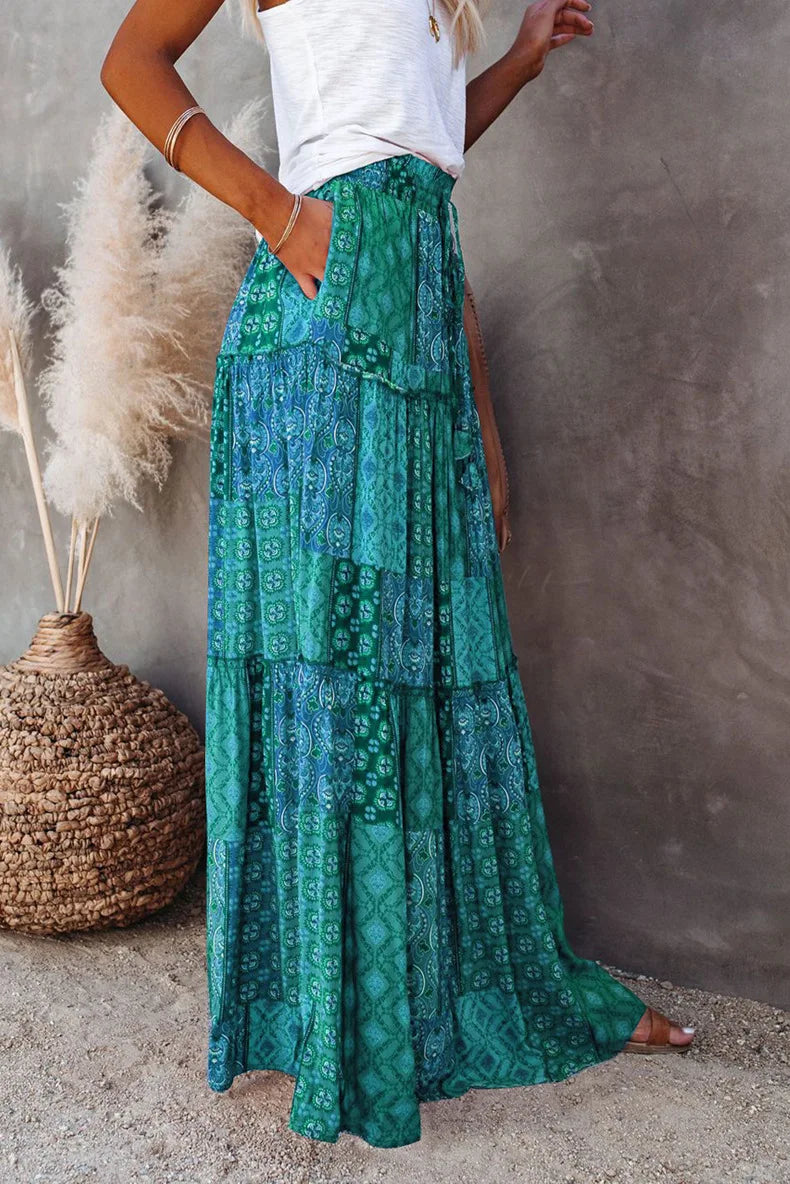 Valenzora | High-waisted long printed A-line skirt floral skirt