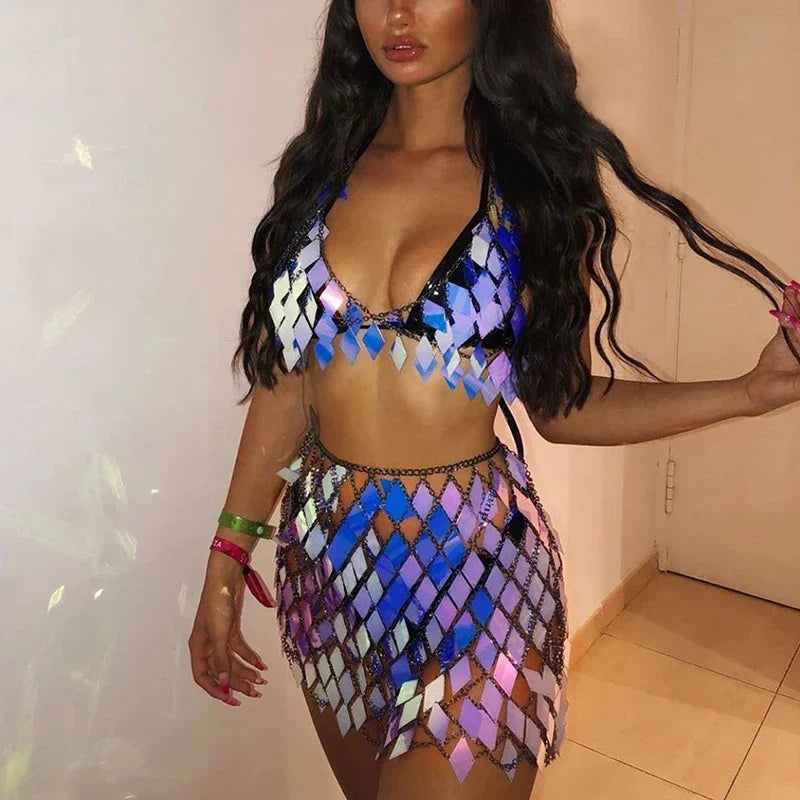 Valenzora | Statement Sequin Patchwork Crop Top 2 Piece Skirt Set
