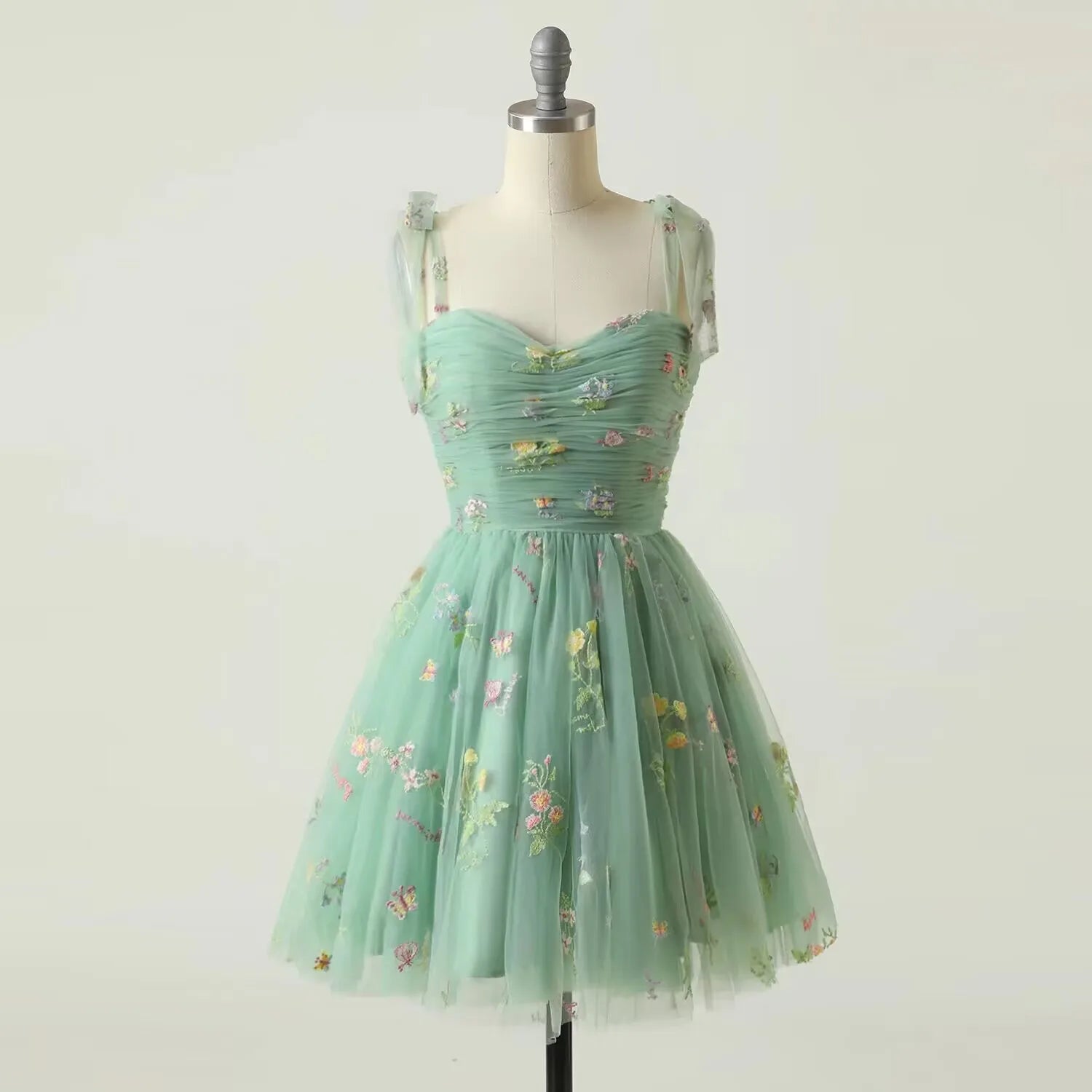 Valenzora | Fairy Forest Green Short Prom Dresses Spaghetti Straps Colorful Floral Lace Evening Celebration