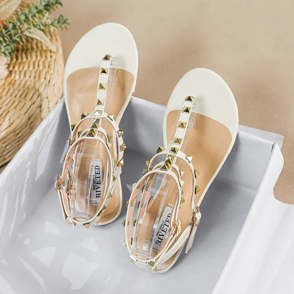 Valenzora | New Summer Outdoor Women's Flat Sandals British Style Women's Casual Roman Flat Stylish Studded Design Work and Party