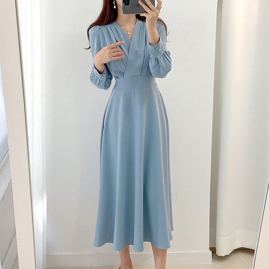 Valenzora V-neck Puff Sleeve A-line Dresses