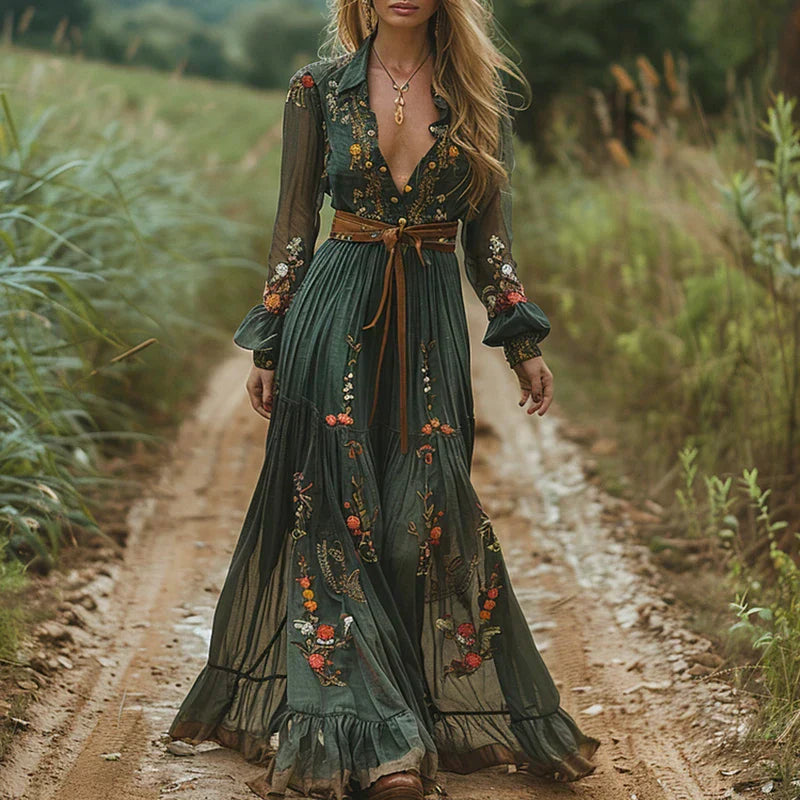 Valenzora | Patterned Printed Long-Sleeved Pleated Dress