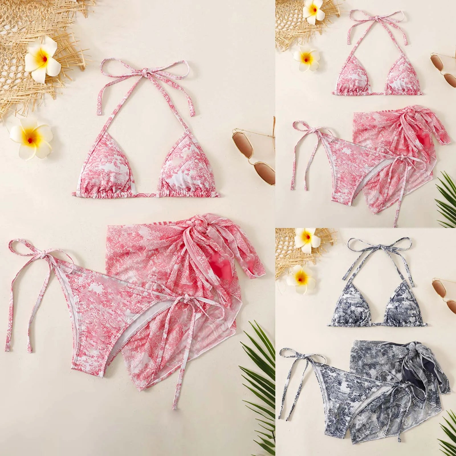 Valenzora | Damen Dreiteilige Bademode Sommer Push-Up High Waist Bikini Set mit Wickelrock Batik-Badeanzug Strandmode