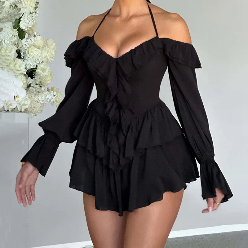 Valenzora | Romantic ruffled romper with exposed shoulders