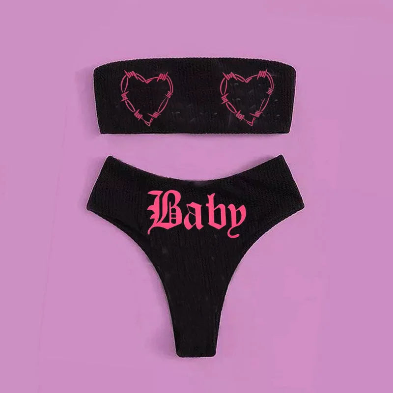 Valenzora | Sexy Goth Bikini Women's Letter Skull Print Swimsuit Split Swimsuit High Waist Gothic Bikini Set Beach Outfits