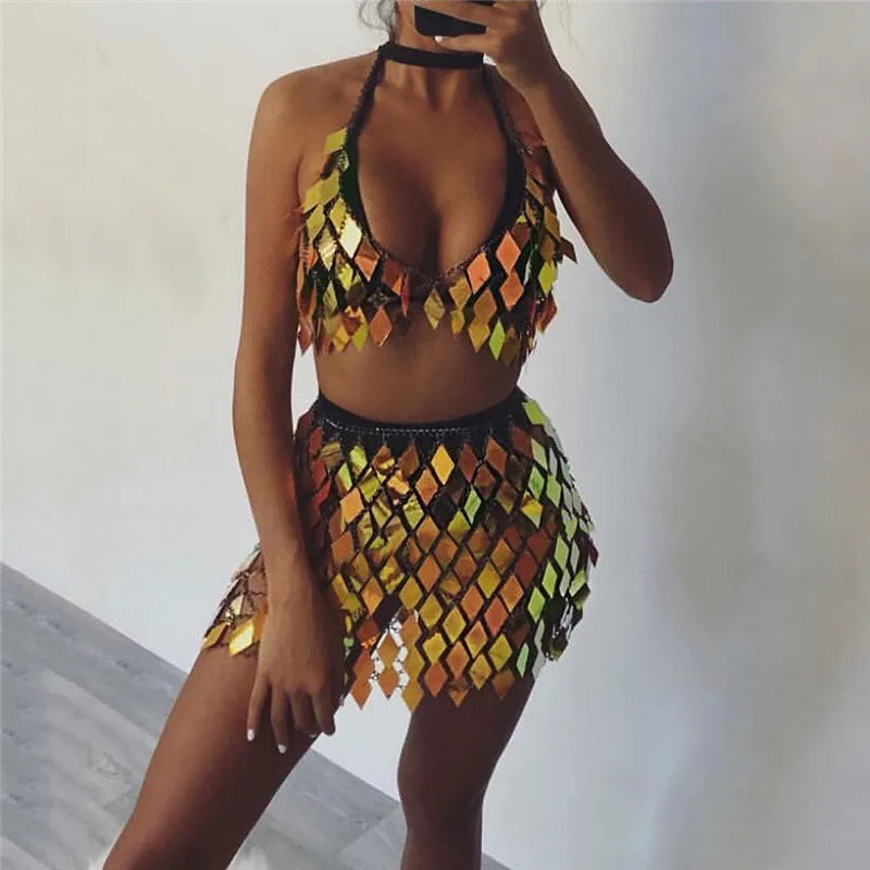 Valenzora | Statement-Pailletten-Patchwork-Crop-Top-und-Rock-Set (zweiteilig)