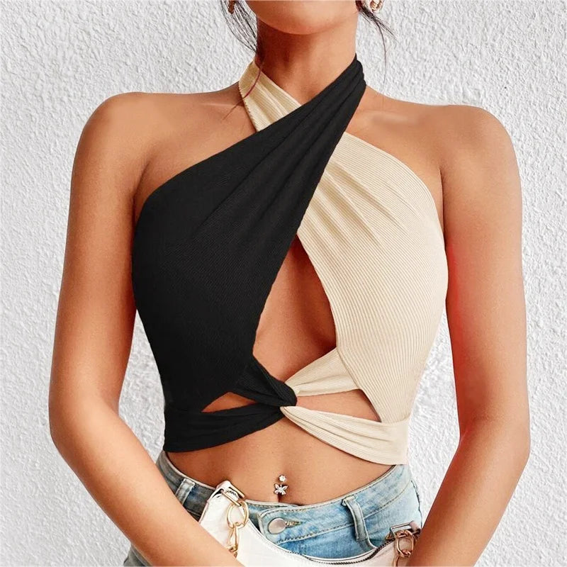 Valenzora | Damen-Sommer-Tanktops Sexy Patchwork Kreuz Halter Neck Träger Loch Crop Tops High Street Wear Neue Mode