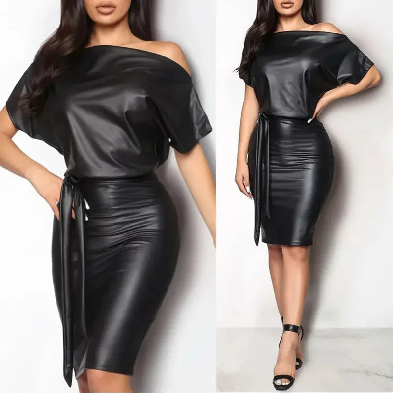Valenzora | Schulterfreies Kunstleder-Kleid