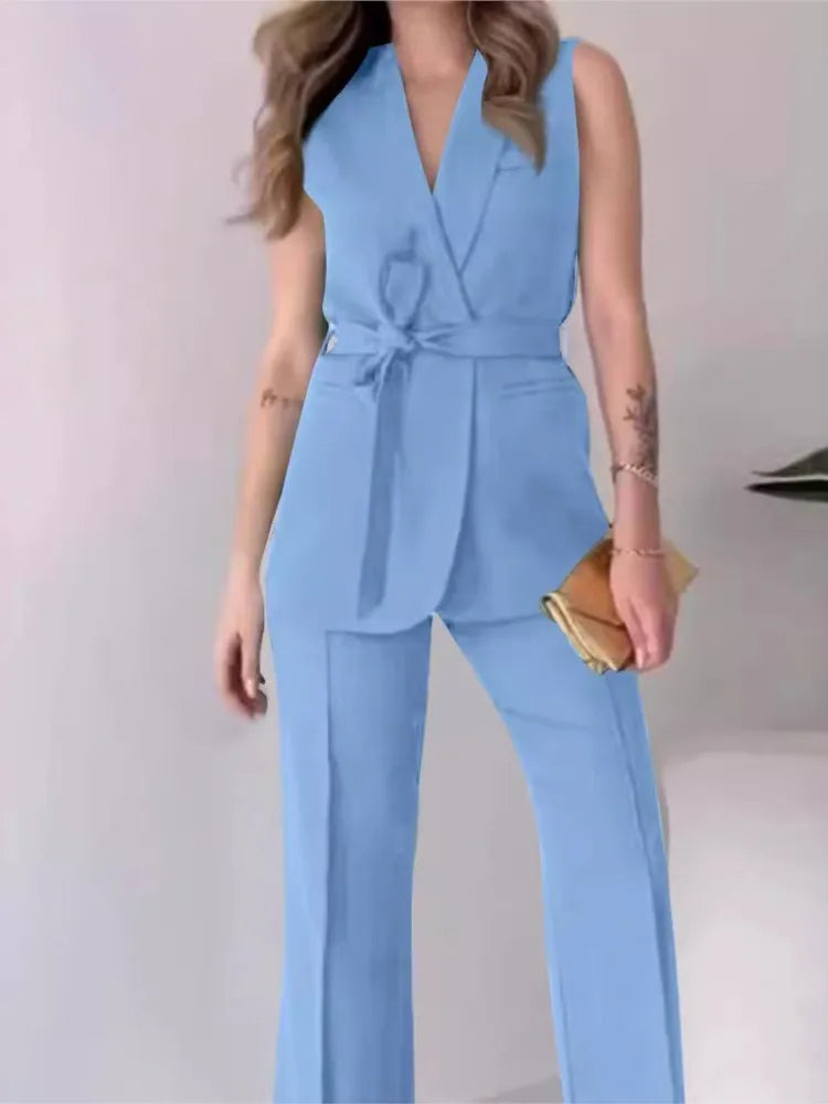 Valenzora | Sleeveless blazer suit, tailored fit, wrap V-neck, wide-leg trousers