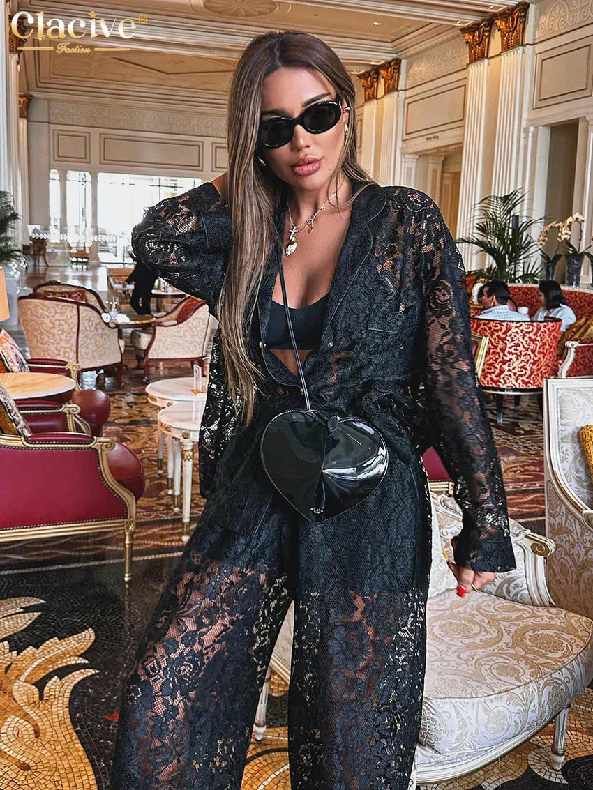 Valenzora | Clacive Sexy Loose Black Lace Transparentes Hosen-Set Damen 2-teiliges modisches Langarmshirt mit High-Waist-Hose im weiten Schnitt Set