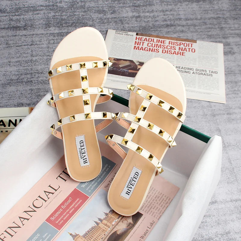 Valenzora | Sommer Damen-Sandalen, lässige Slipper, flache Schuhe, schlichter Stil, modisches Nietendesign, für Spaziergänge und Einkäufe, Übergrößen