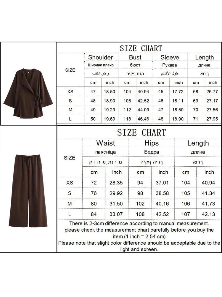 Valenzora | Fashion Linen 2-Piece Women's Spring Summer Kimono Style Loose Lace-Up Shirts Tops Women's Wide Leg Trousers Set