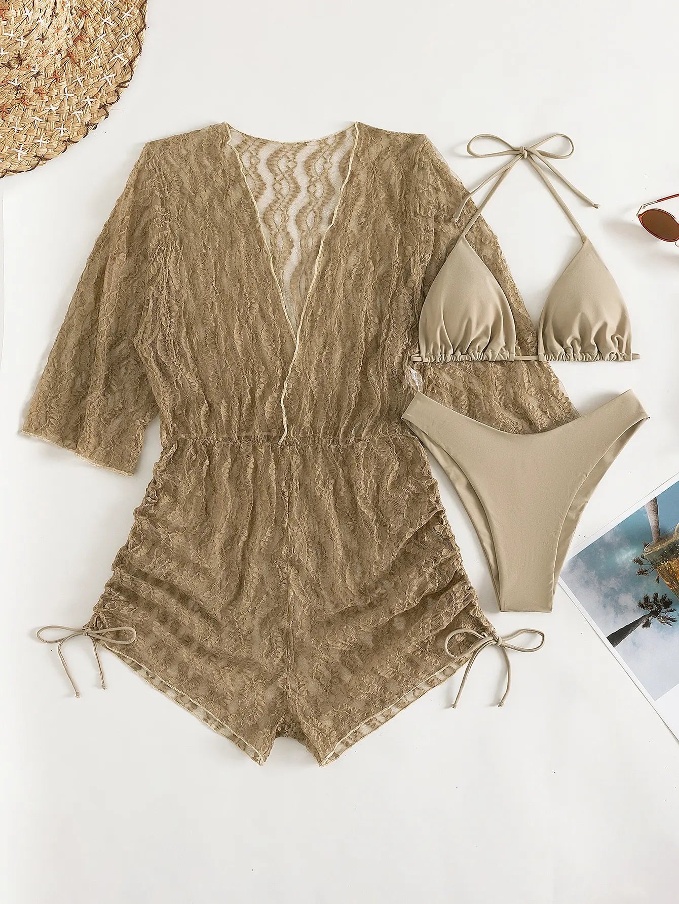 Valenzora | 3-teiliger Bikini mit tropischem Print, Neckholder, seitlicher Schnürung, Damen-Badeanzug, weibliche Bademode, Sommer-Strandbekleidung