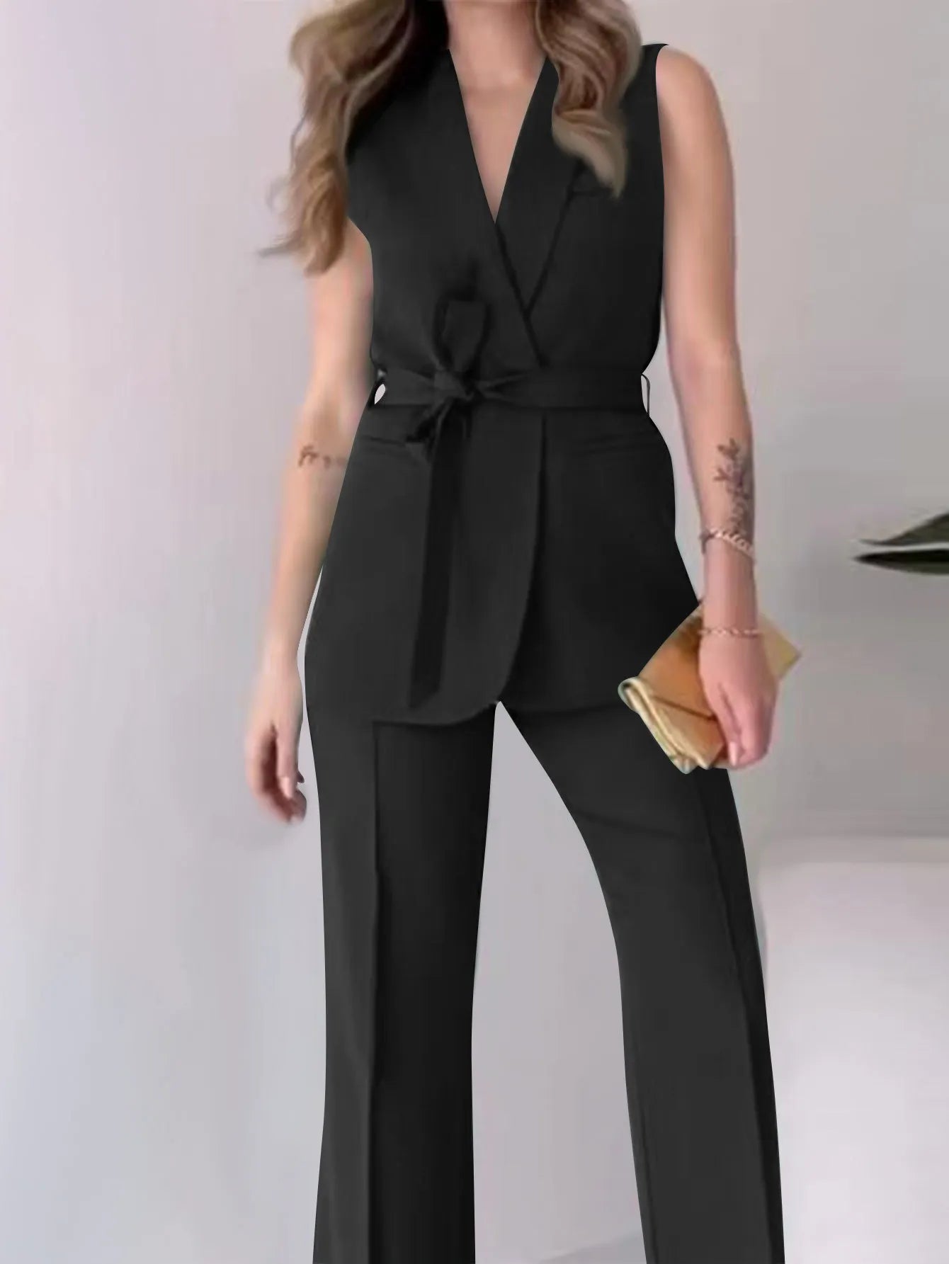 Valenzora | Sleeveless blazer suit, tailored fit, wrap V-neck, wide-leg trousers