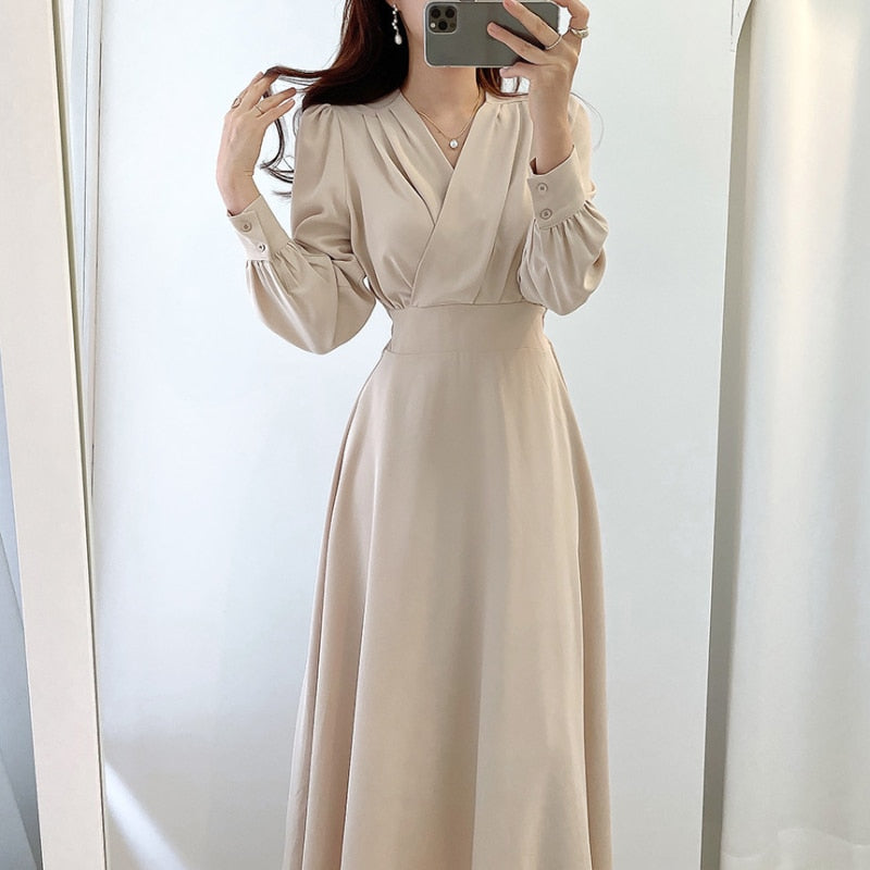 Valenzora V-neck Puff Sleeve A-line Dresses