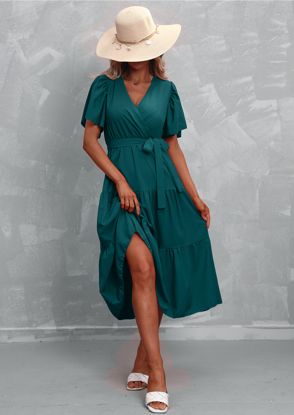 Valenzora - Green midi dress with ruffles