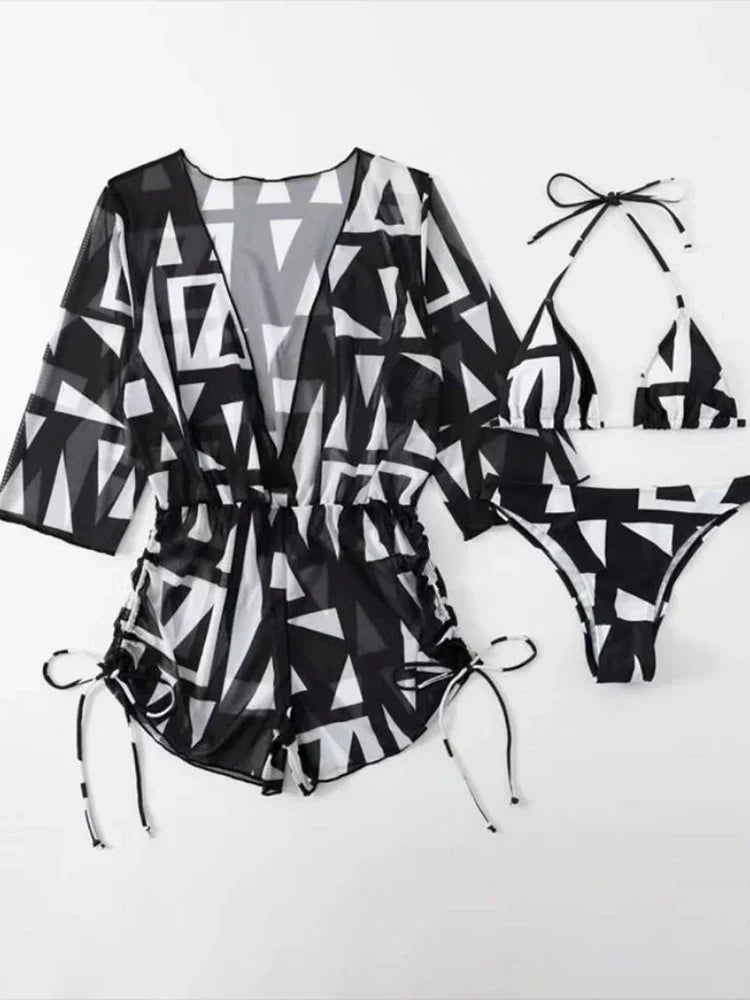 Valenzora | 3-teiliger Bikini mit tropischem Print, Neckholder, seitlicher Schnürung, Damen-Badeanzug, weibliche Bademode, Sommer-Strandbekleidung