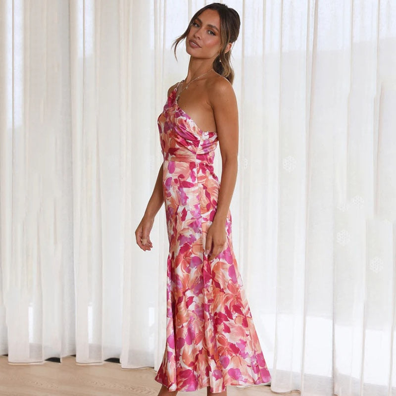 Valenzora | Pink Floral One Shoulder A-Line Satin Dress for Women