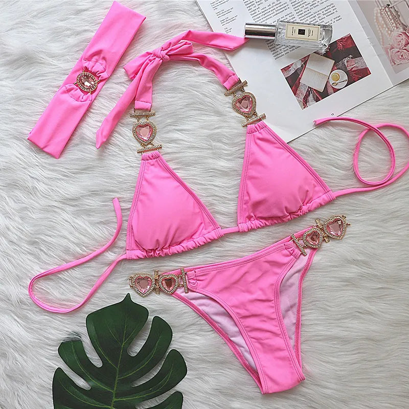 Valenzora | Rosa sexy Bikinis Bademode mit Herz-Strasssteinen Damen Bademode Weiblicher Push-Up Bikini Strand Bademode Badeanzüge Pool Bademode