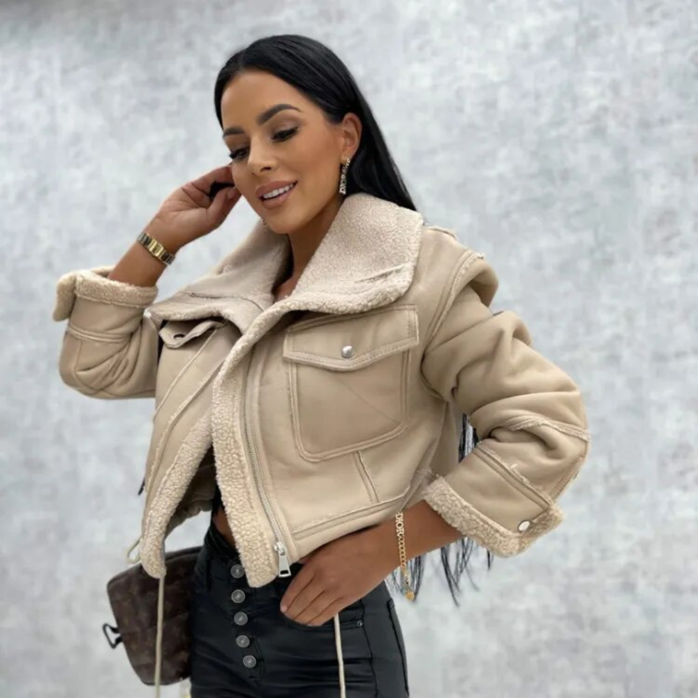 Faux leather jacket | Short women's jacket with fleece lining for autumn and winter