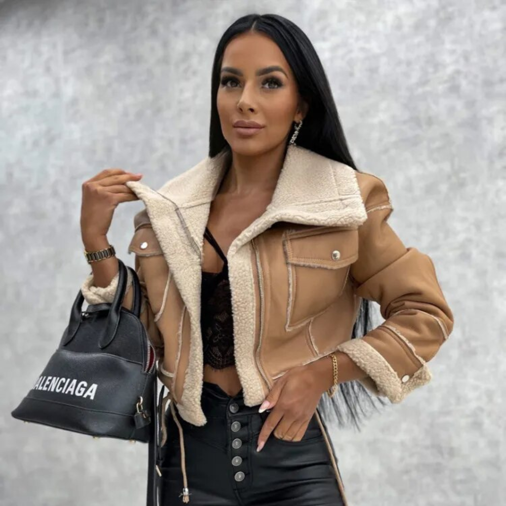 Faux leather jacket | Short women's jacket with fleece lining for autumn and winter