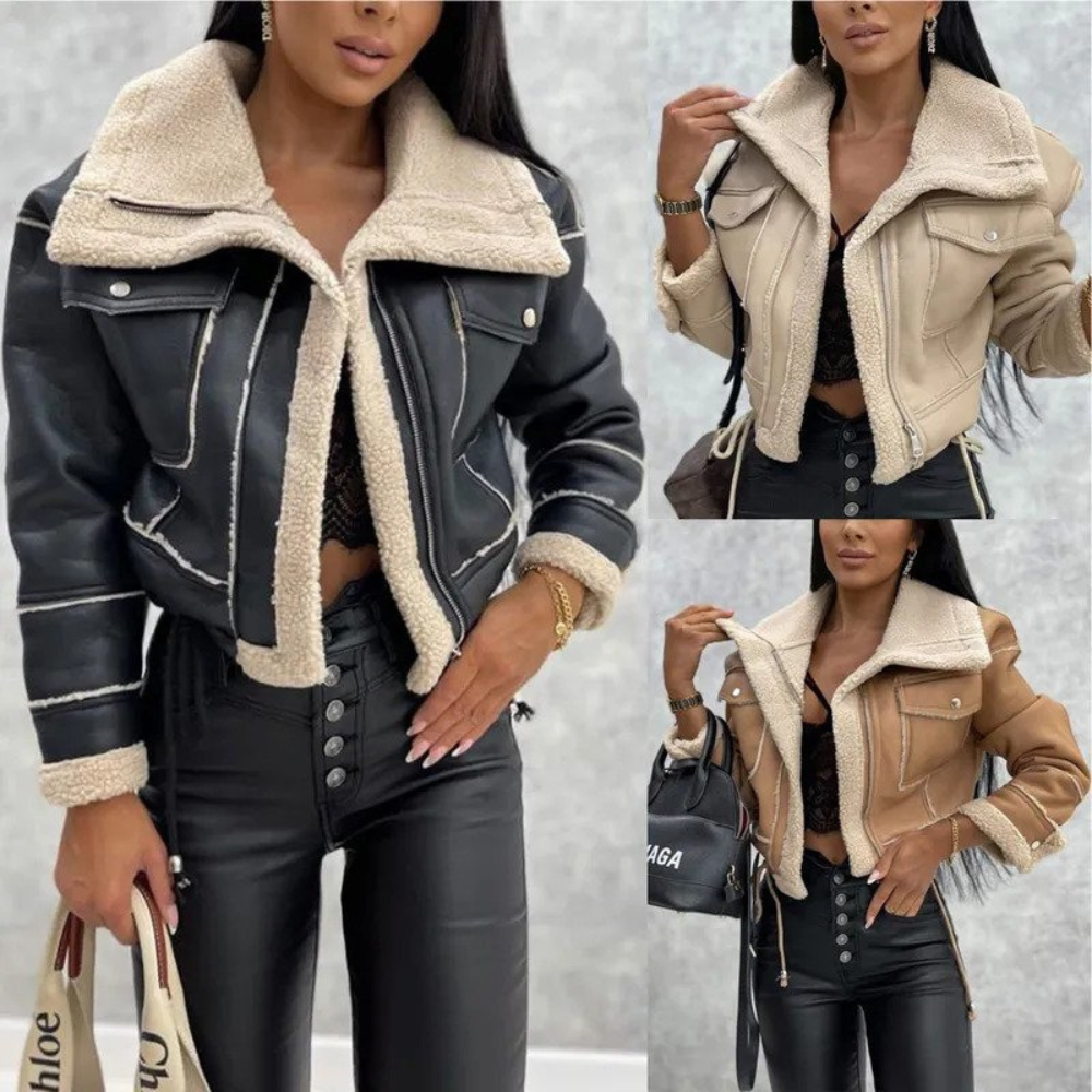 Faux leather jacket | Short women's jacket with fleece lining for autumn and winter