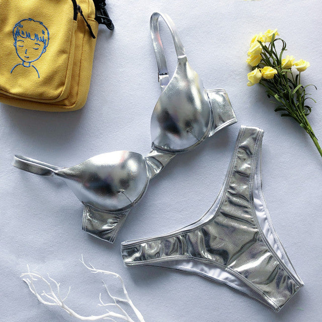 Valenzora | Shiny Metallic Push-Up Bikini Set for Women