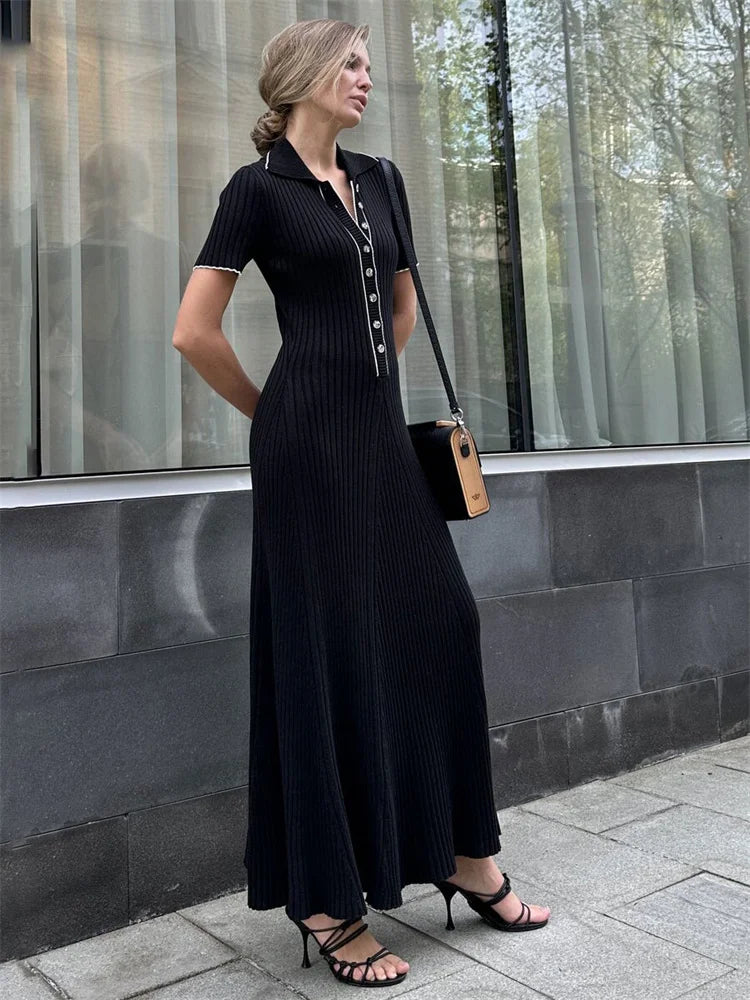 Valenzora | Patchwork Lapel Knit Maxi Dress
