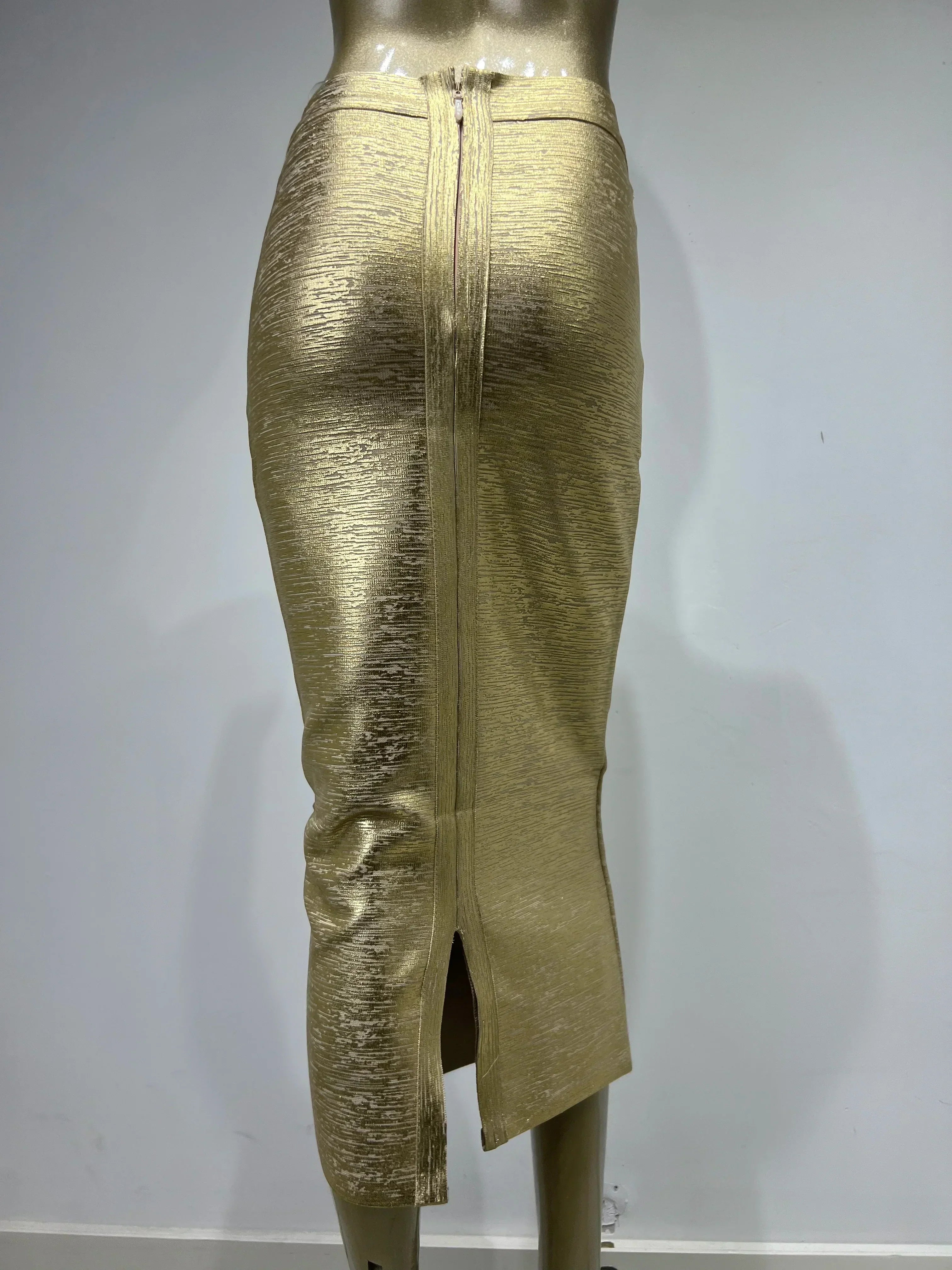 Valenzora | Damen-Sommerrock Sexy Silber Gold Bronzing Midi Bandage Rock High Street Designer Slim Fit Uni Midi Bleistiftrock 78cm