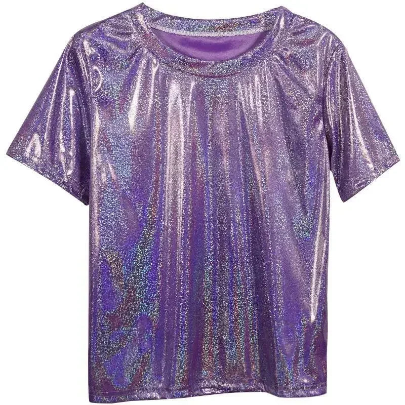 Valenzora | S 5XL Women's Sparkling Shiny Metallic Holographic Round Neck Short Sleeve Casual Loose Top Festival Party T-Shirt Women's Clothing