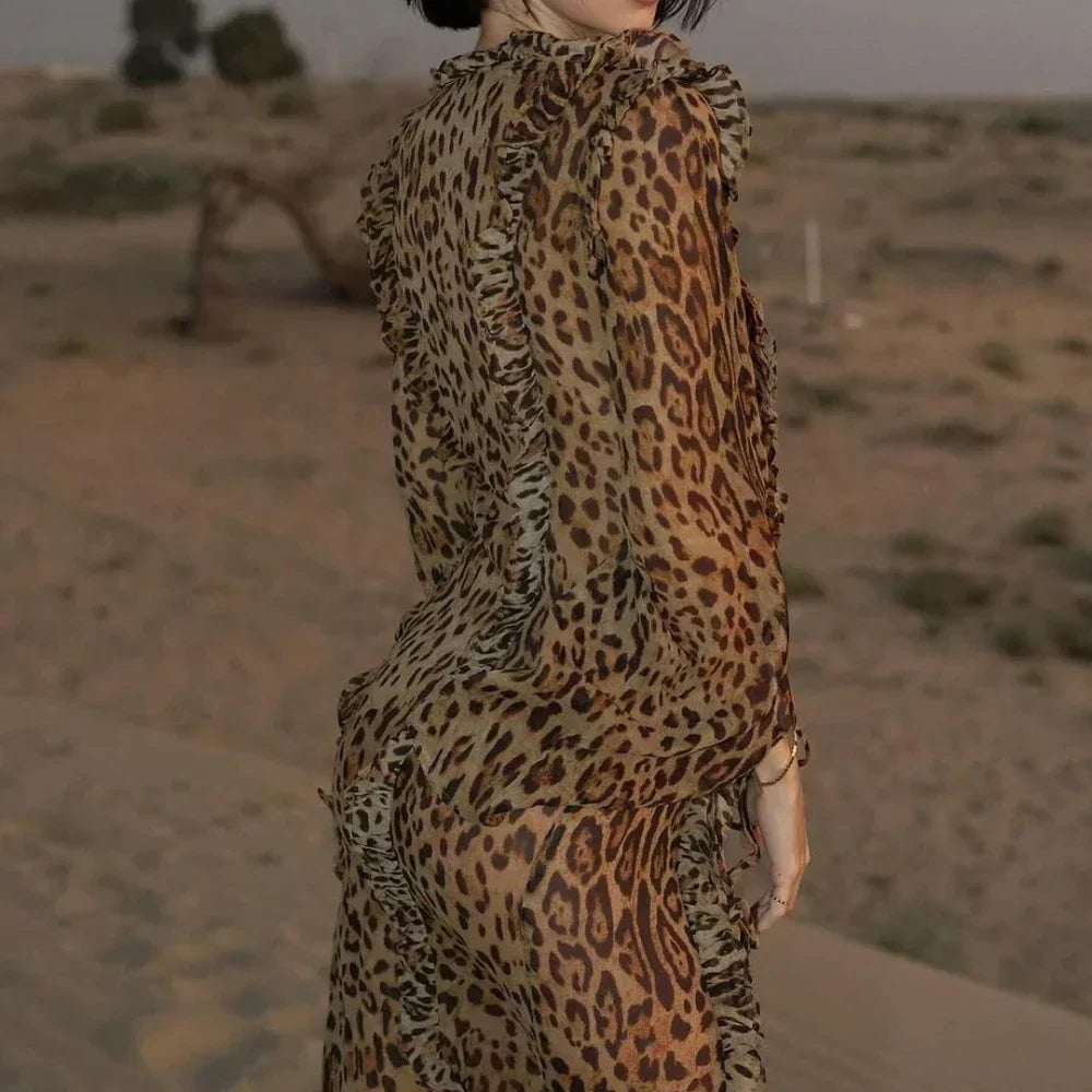 Valenzora | Leopard print dress with ruffles and high slit