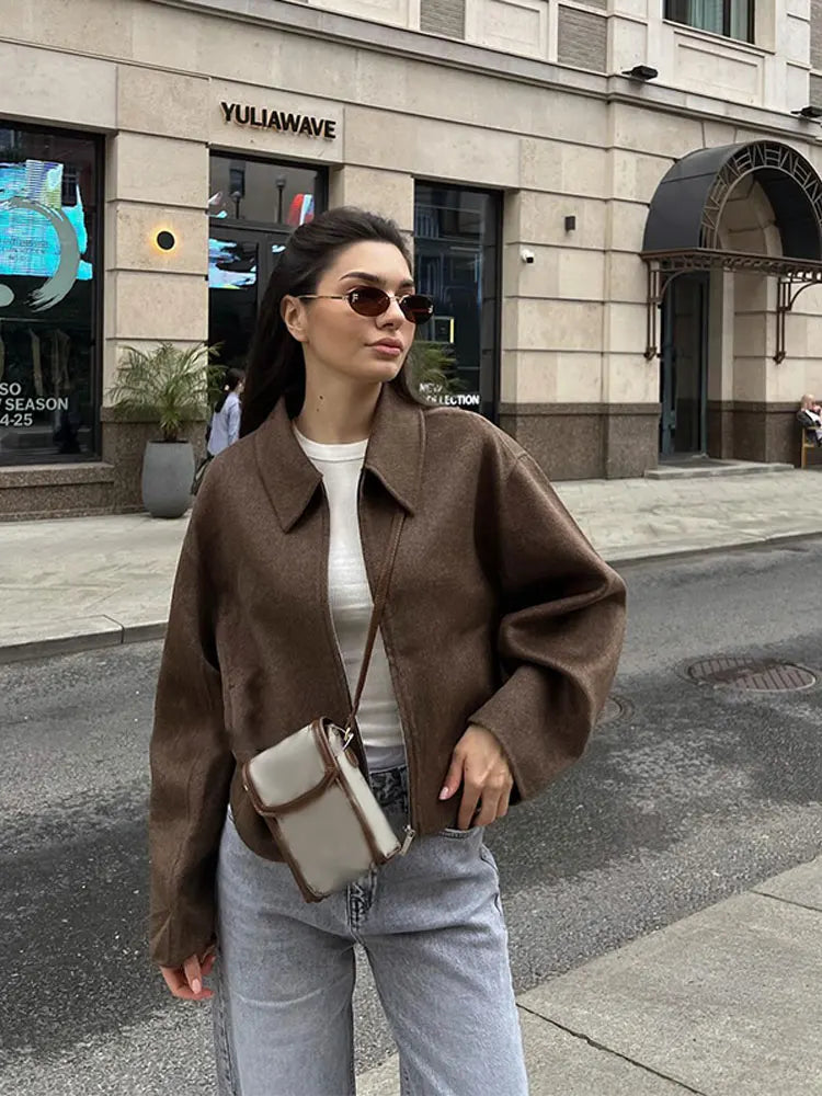 Valenzora | Brown Wool Jacket for Women with Elegant Collar