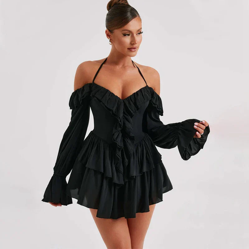 Valenzora | Romantic ruffled romper with exposed shoulders