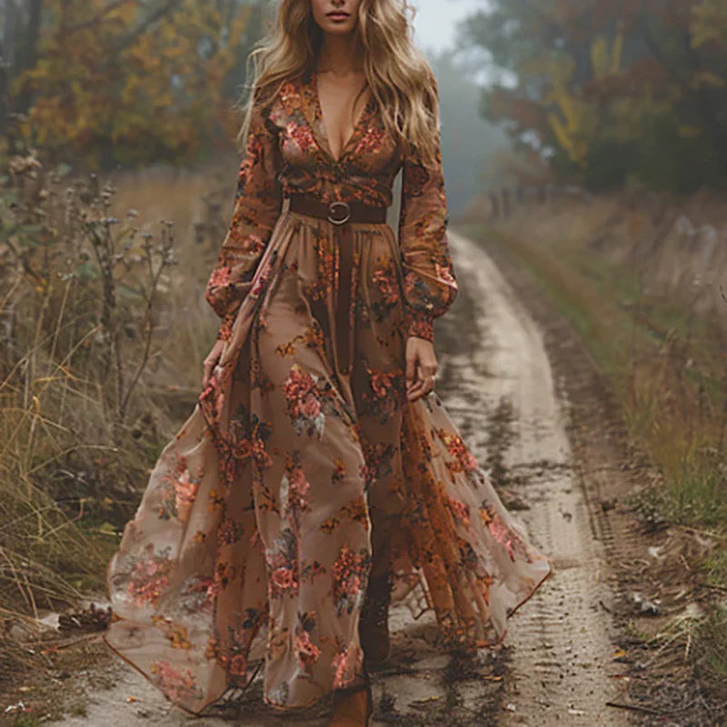 Valenzora | Patterned Printed Long-Sleeved Pleated Dress
