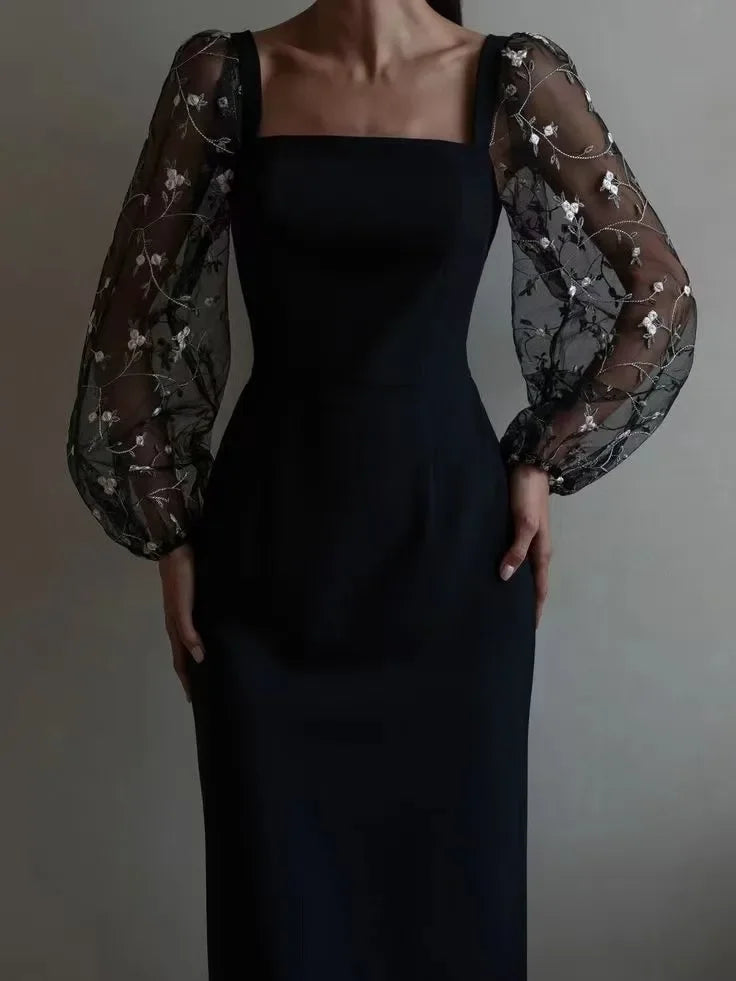 Valenzora | Evening and party dress with square neckline and long sleeves