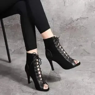 Valenzora | Sandalen Cave Mesh High Heels Gürtelschnalle Damen Sommer Beige Schnürung Sexy Offene Spitze Stiletto Jazz Dance Party Damenschuhe