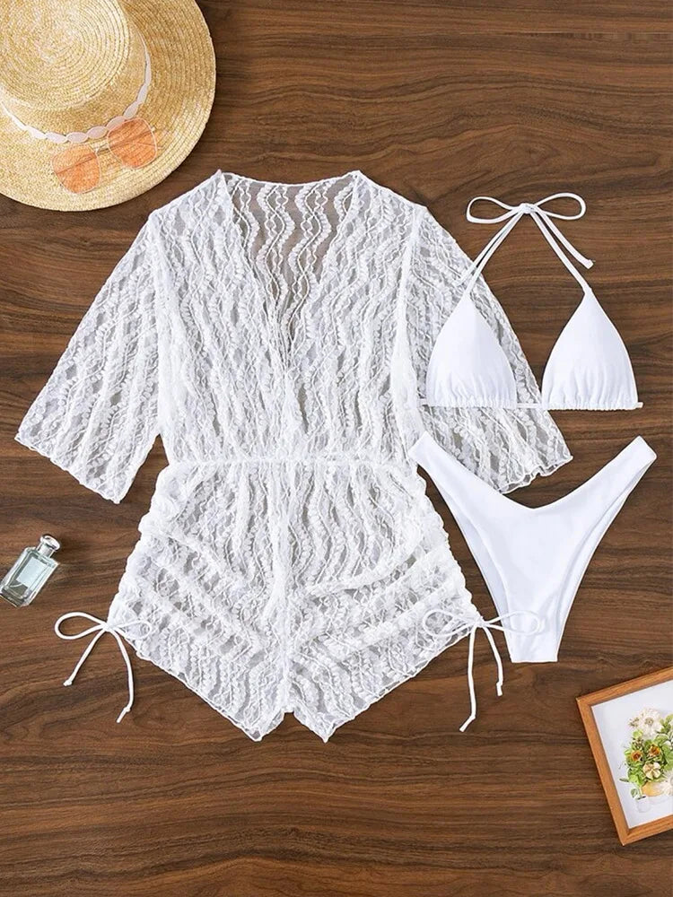 Valenzora | 3-teiliger Bikini mit tropischem Print, Neckholder, seitlicher Schnürung, Damen-Badeanzug, weibliche Bademode, Sommer-Strandbekleidung