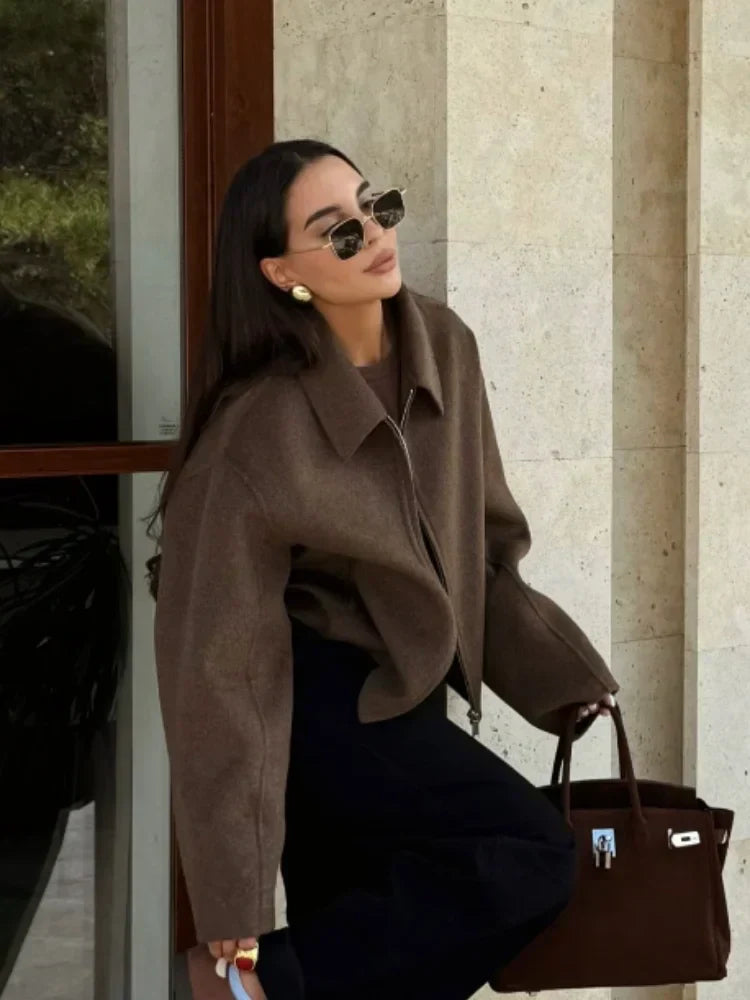 Valenzora | Brown Wool Jacket for Women with Elegant Collar